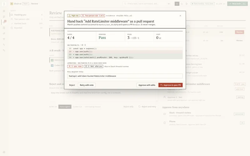Approval dialog that pins gates, verifier result, changed files, cost, the diff, and the pull request title.
