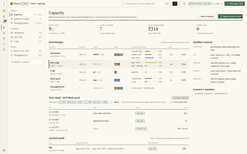 Capacity screen listing machines, agent accounts with quota left, cloud VMs, and the sandbox contract.