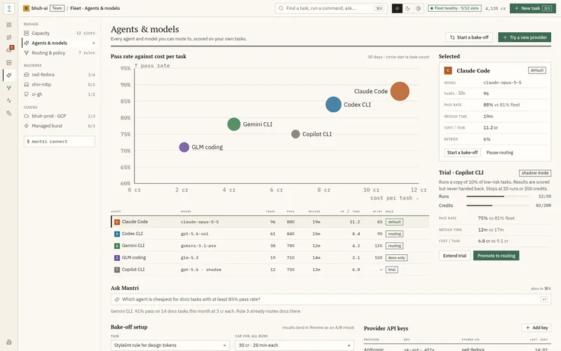 Agents and models screen comparing pass rate and cost per task for each agent.