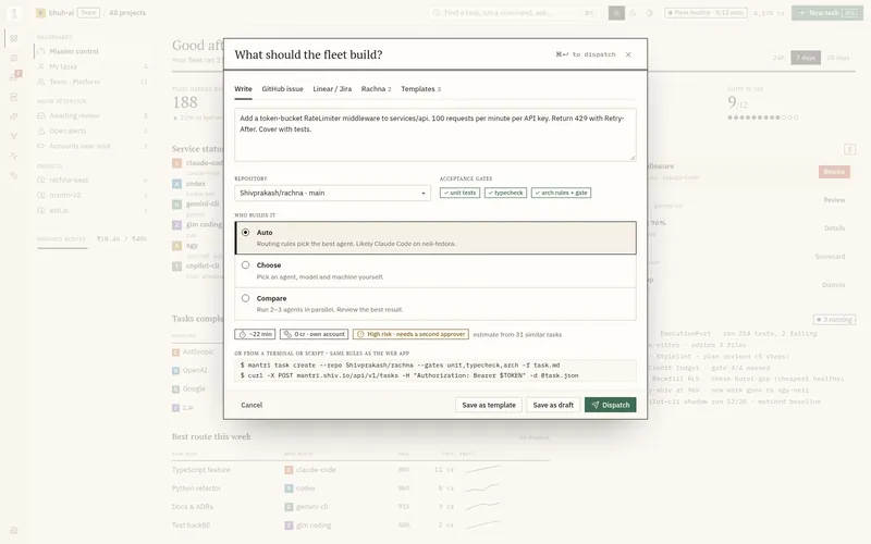 New task dialog with intent text, repository, acceptance gates, who builds it, and a time and cost estimate.