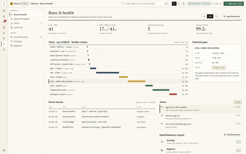 Runs and health screen with a trace of one task, its spans, and the event stream.