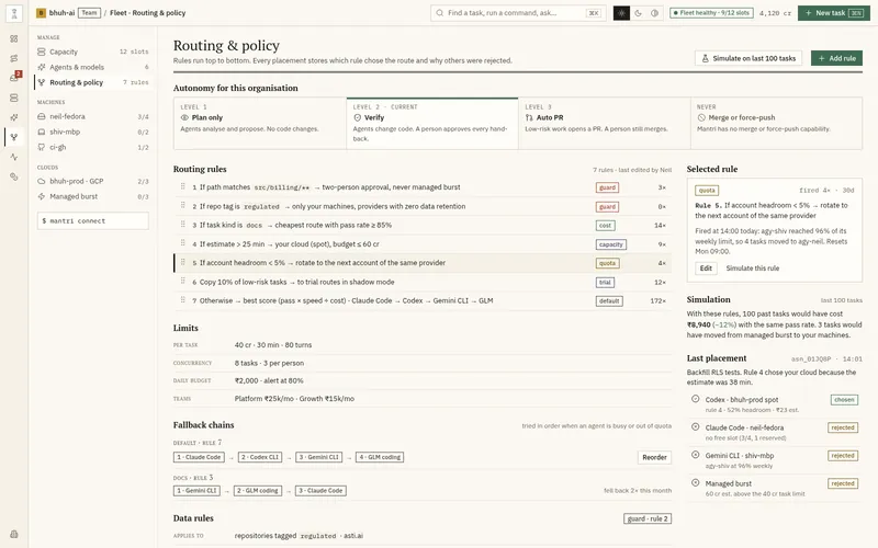 Routing and policy screen with autonomy levels, ordered routing rules, limits, and the last placement decision.