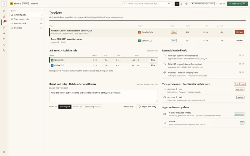 Review queue with verified tasks, their risk, gates, cost, and age.